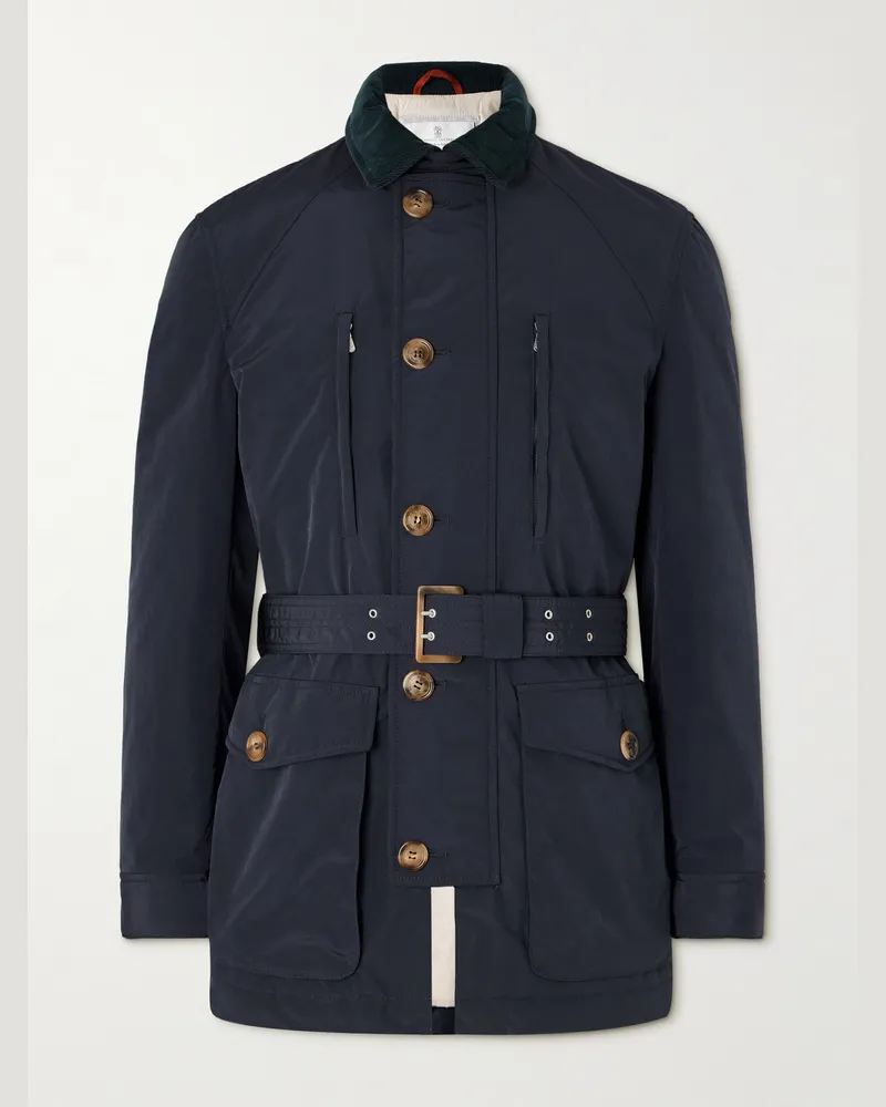 Brunello Cucinelli Jacke aus wattiertem Shell mit Baumwollcordkragen und Gürtel Blau