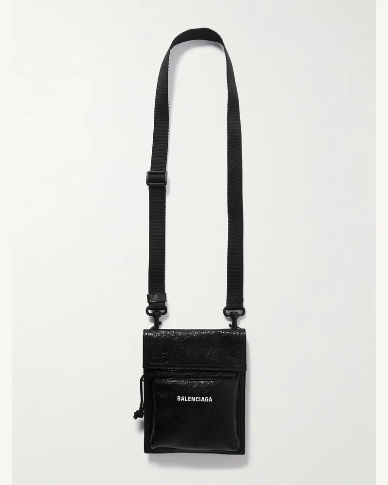 Balenciaga Explorer Logo-Print Cracked-Leather Messenger Bag Black