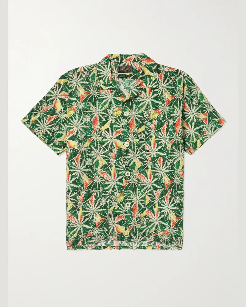 Beams Plus Camp-Collar Printed Cotton-Voile Shirt Green