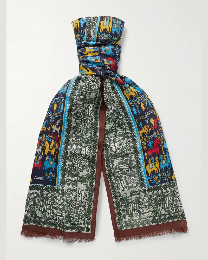 Drake's Frayed Printed Wool and Silk-Blend Scarf Blue