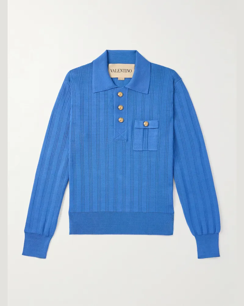 Valentino Garavani Rippstrickpullover aus Baumwolle mit Polokragen Blau