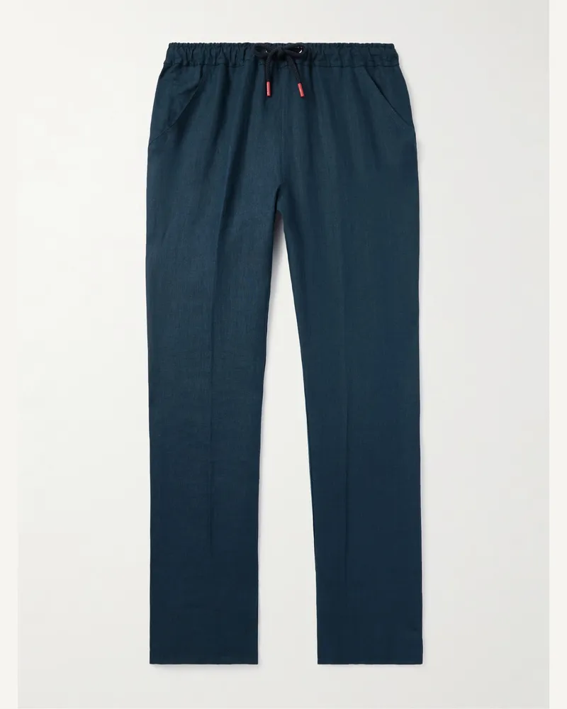 Kiton Schmal und gerade geschnittene Hose aus Leinen mit Kordelzugbund Blau