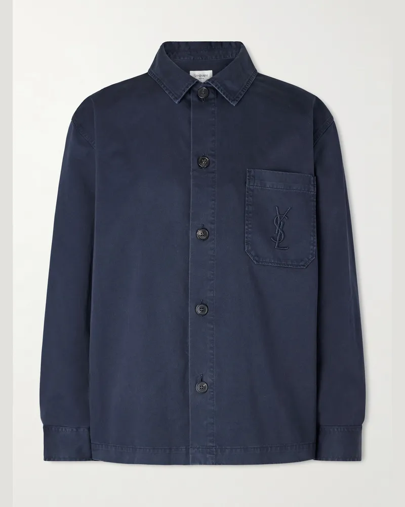 Saint Laurent Logo-Embroidered Cotton-Twill Overshirt Blue