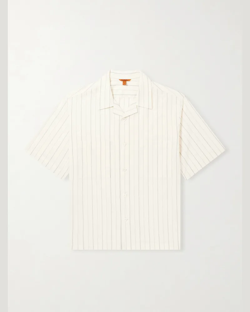 BARENA Cuban-Collar Garment-Dyed Striped Cotton-Poplin Shirt White