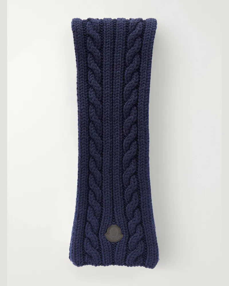 Moncler Logo-Appliqué Cable-Knit Virgin Wool Scarf Blue