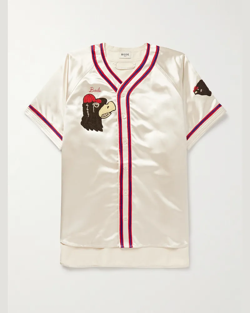 BODE Redtail Appliquéd Embroidered Satin Shirt Neutrals