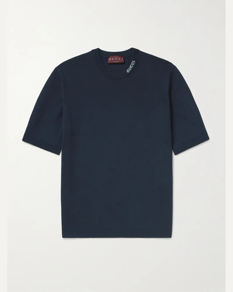 Gucci Logo-Intarsia Silk and Cotton-Blend T-Shirt Blue