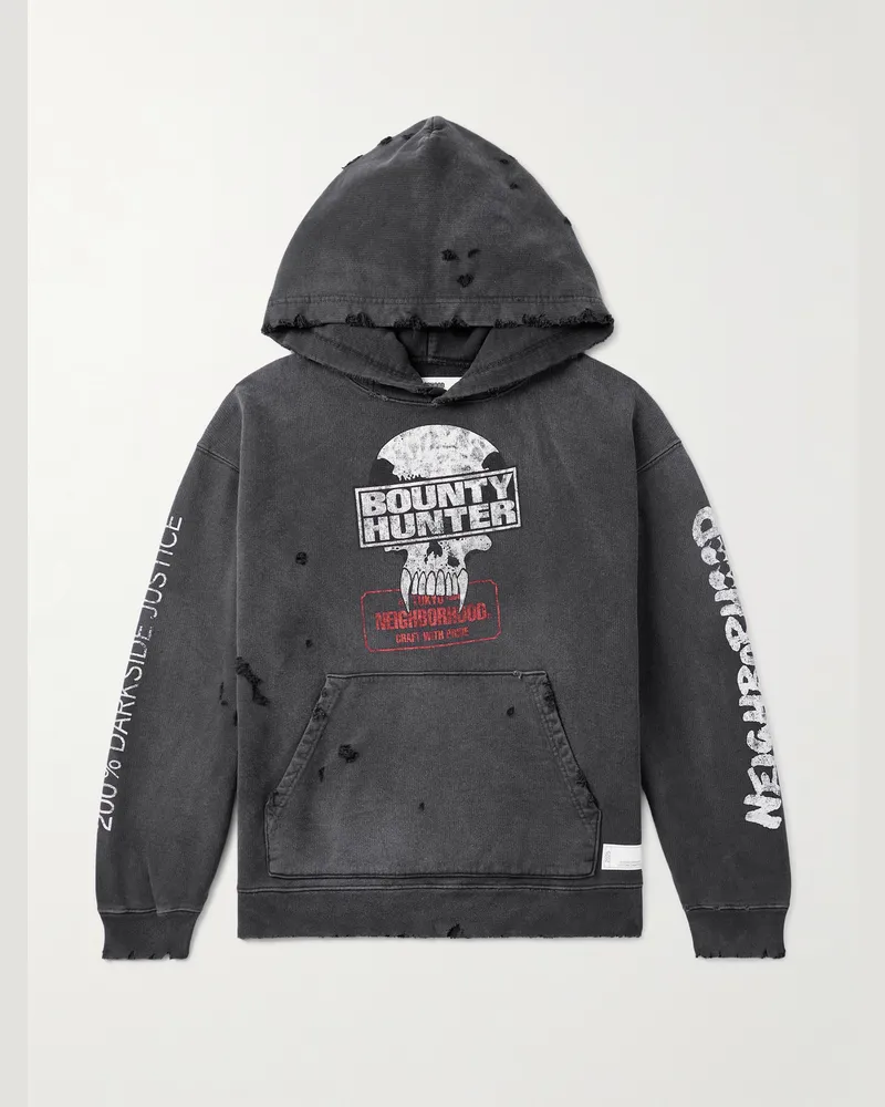 Neighborhood Bounty Hunter Savage Distressed Printed Cotton-Jersey Hoodie Black