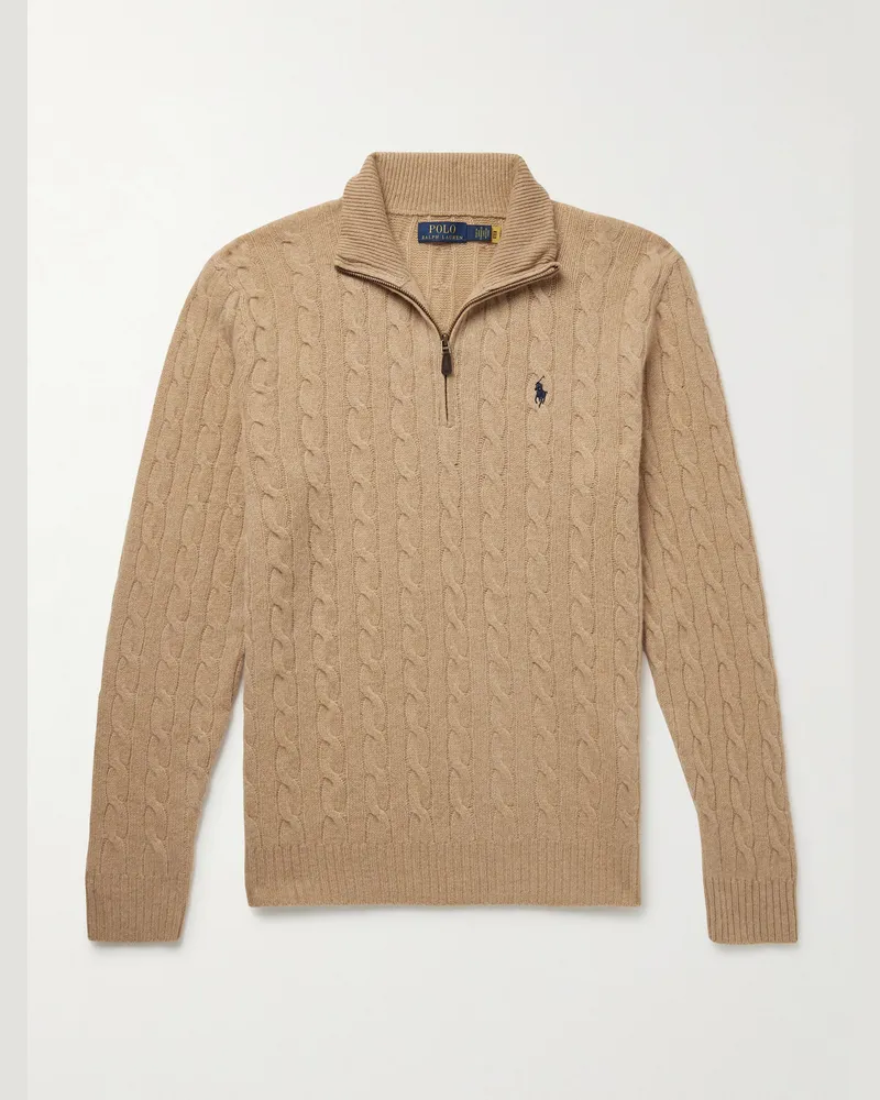 Ralph Lauren Logo-Embroidered Cable-Knit Wool and Cashmere-Blend Half-Zip Sweater Neutrals