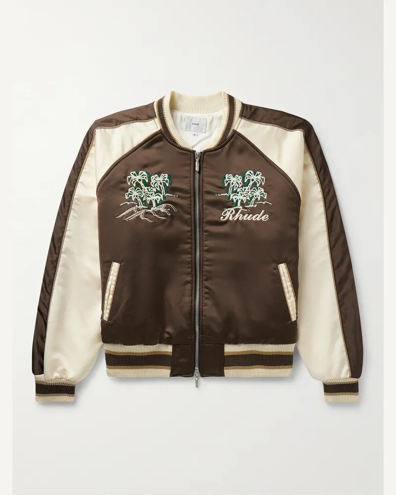 RHUDE Logo-Embroidered Colour-Block Satin Bomber Jacket Brown