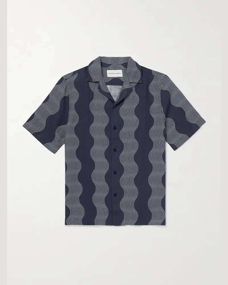 Frescobol Carioca Roberto Camp-Collar Striped Linen Shirt Blue