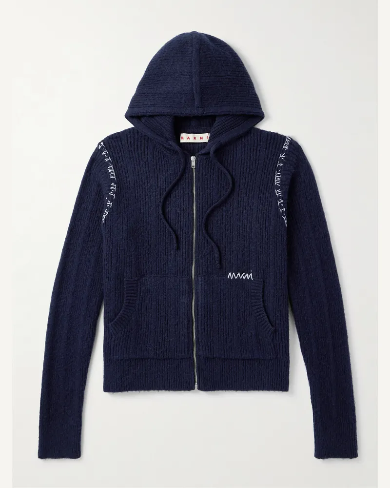 Marni Kapuzenjacke aus einer Woll-Kaschmirmischung in Rippstrick mit Stickerei und Reißverschluss Blau