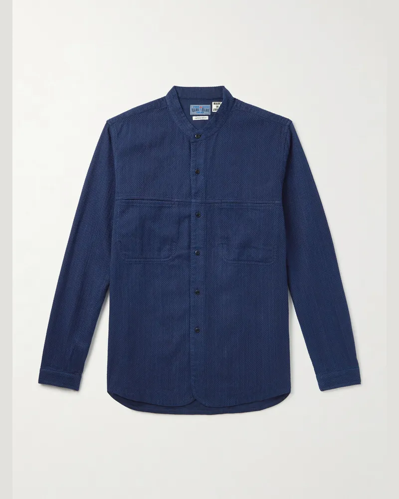 Blue Blue Japan Hemd aus strukturierter Baumwolle mit Stehkragen Blau