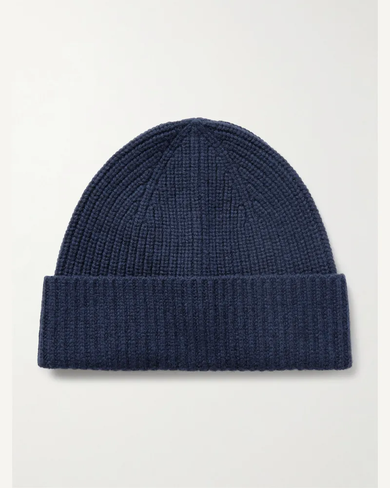 Blue Blue Japan Beanie aus einer Woll-Kaschmirmischung in Rippstrick Blau