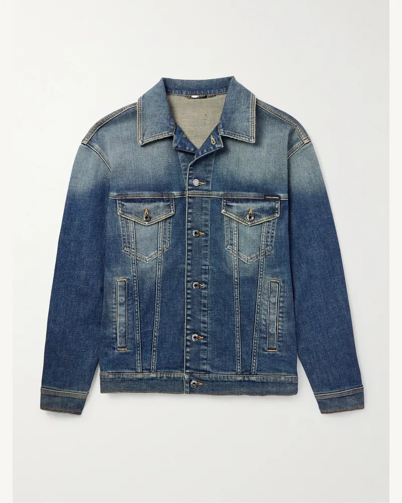 Dolce & Gabbana Jeansjacke aus vorgewaschenem Denim mit Logoapplikation Blau