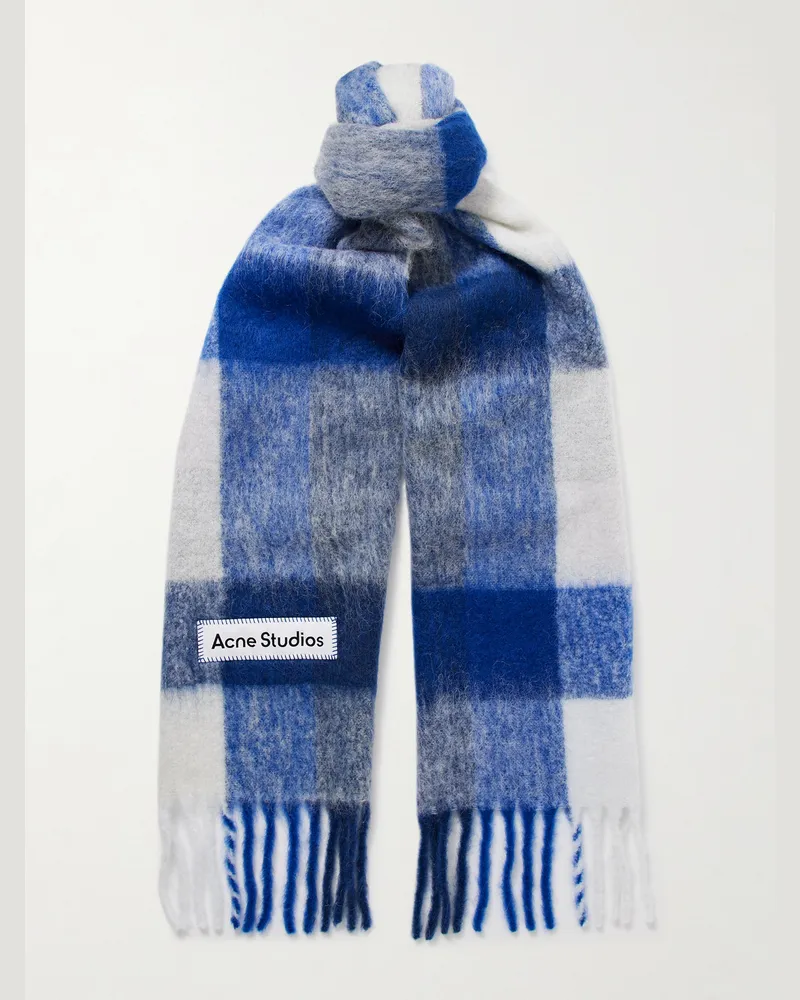 Acne Studios Vally Strickschal mit Karomuster und Fransen Blau