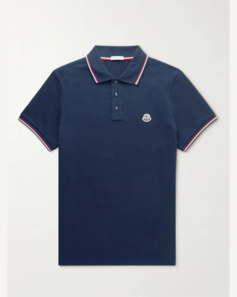 Moncler Logo-Appliquéd Striped Cotton-Piqué Polo Shirt Blue