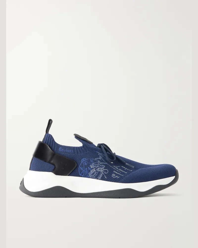 Berluti Shadow Logo-Embroidered Leather-Trimmed Stretch-Knit Sneakers Blue