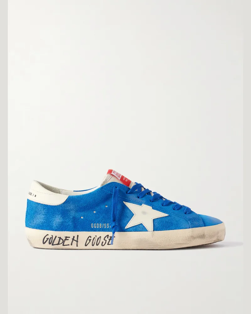 Golden Goose Super-Star Distressed Leather-Trimmed Suede Sneakers Blue