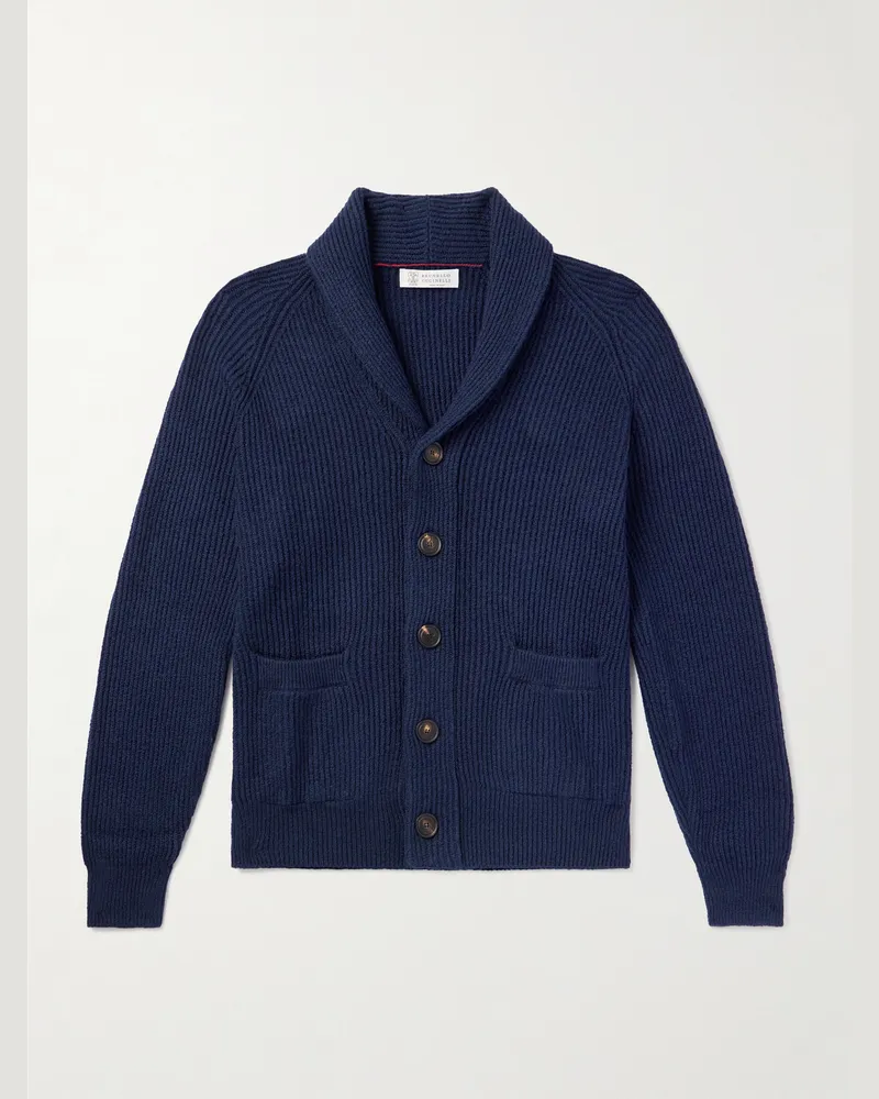 Brunello Cucinelli Cardigan aus Baumwolle in Rippstrick mit Schalkragen Blau