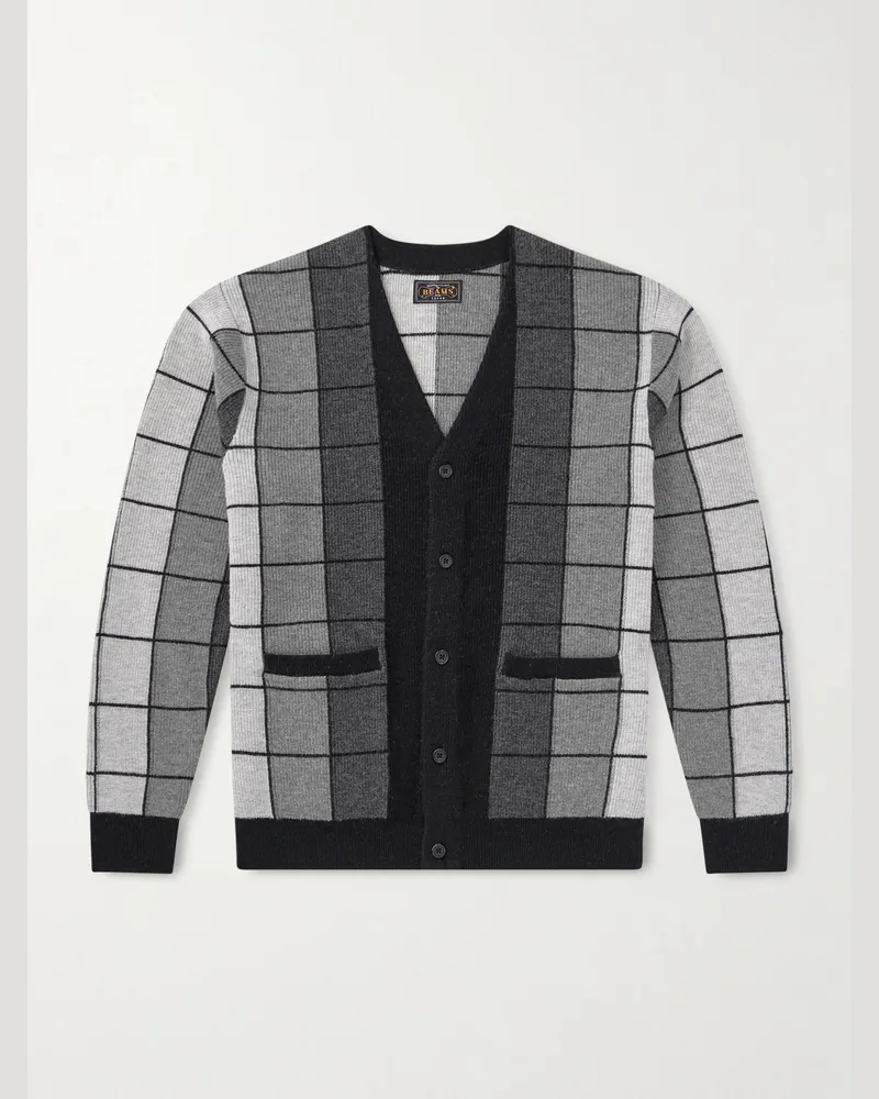 Beams Plus Checked Wool Cardigan Black