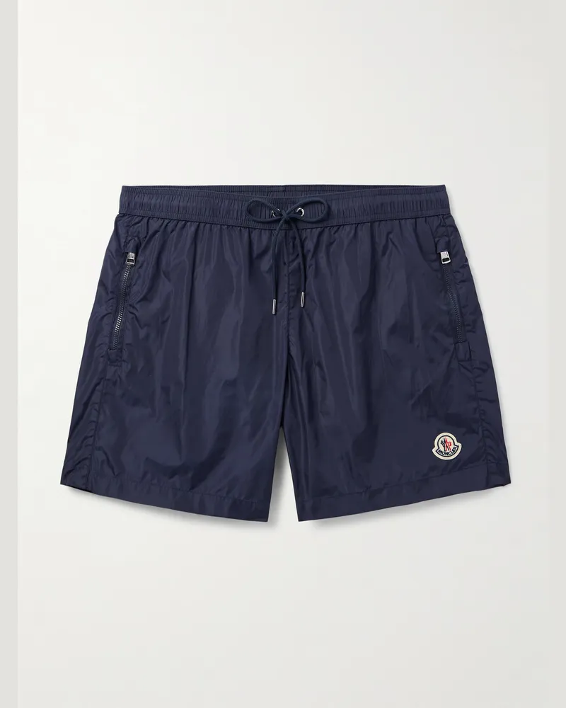 Moncler Gerade geschnittene mittellange Badeshorts mit Logoapplikation Blau