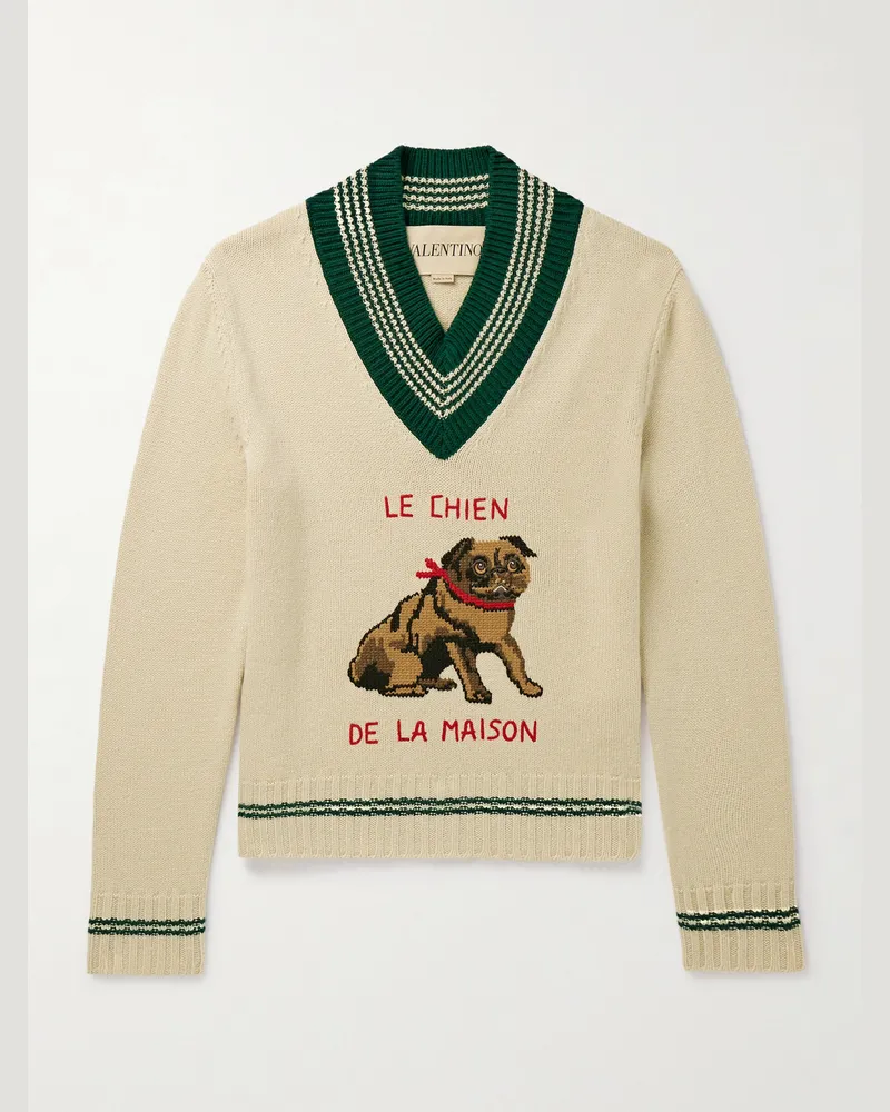 Valentino Garavani Pullover aus Jacquard-Strick aus Schurwolle mit Streifen und Stickerei Neutral