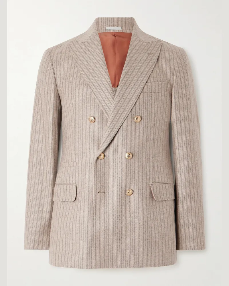 Brunello Cucinelli Striped Cashmere and Silk-Blend Suit Jacket Neutrals