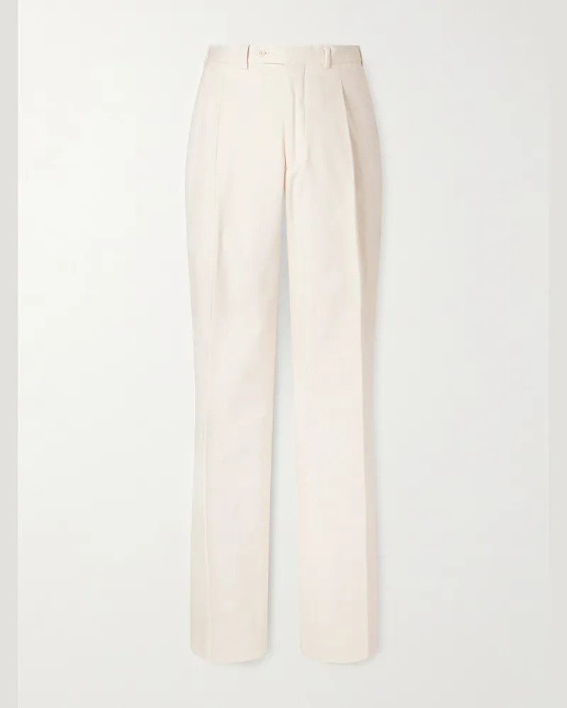 SAMAN AMEL Amo Straight-Leg Pleated Peached Cotton-Blend Twill Suit Trousers Neutrals