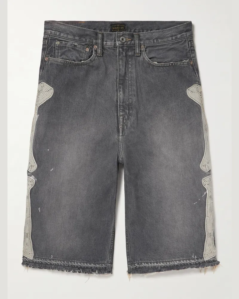 KAPITAL Wide-Leg Appliquéd Distressed Denim Shorts Gray