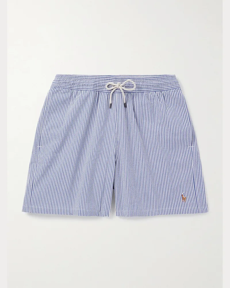 Ralph Lauren Traveler gerade geschnittene mittellange Badeshorts aus gestreiftem Seersucker aus einer Baumwollmischung Blau
