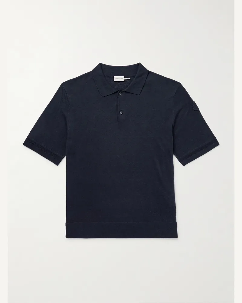 Moncler Polohemd aus einer Seiden-Leinenmischung mit Logoapplikation Blau