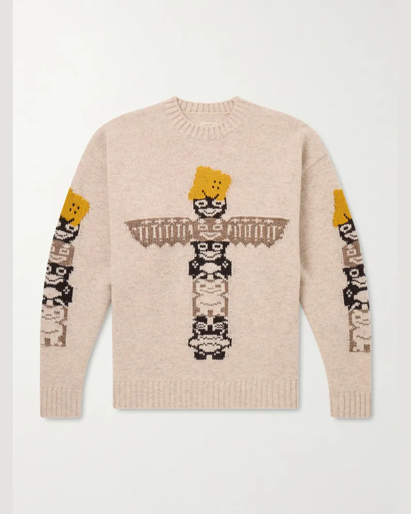 KAPITAL Peckish Totem Pole Intarsia Wool-Blend Sweater Neutrals