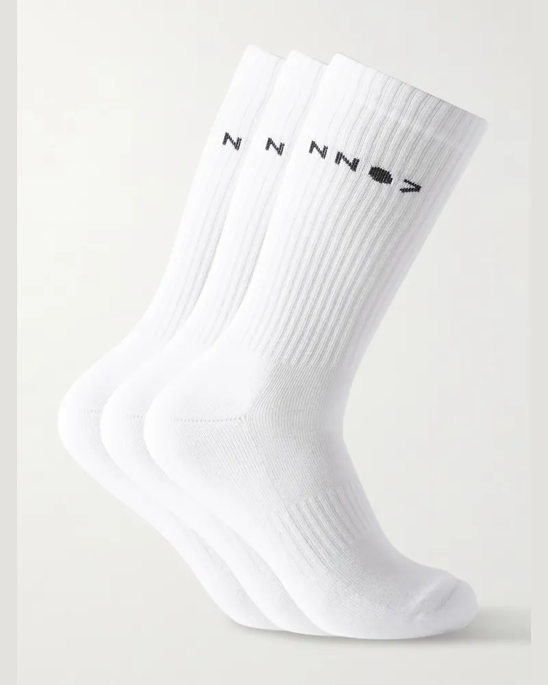 NN 07 Three-Pack Logo-Jacquard Ribbed Cotton-Blend Socks White