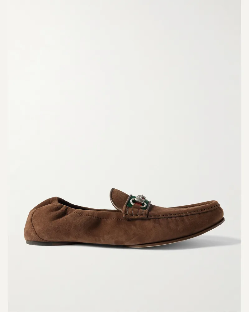 Gucci Horsebit-Embellished Webbing-Trimmed Suede Loafers Brown