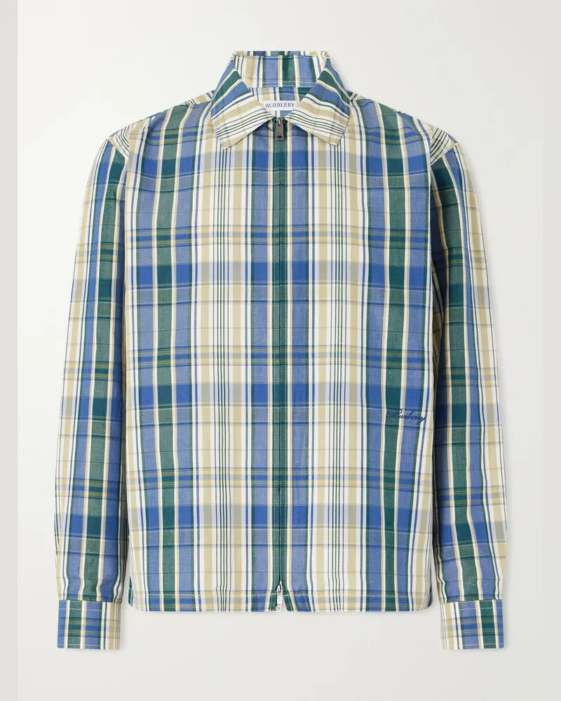 Burberry Logo-Embroidered Checked Cotton and Linen-Blend Jacket Blue