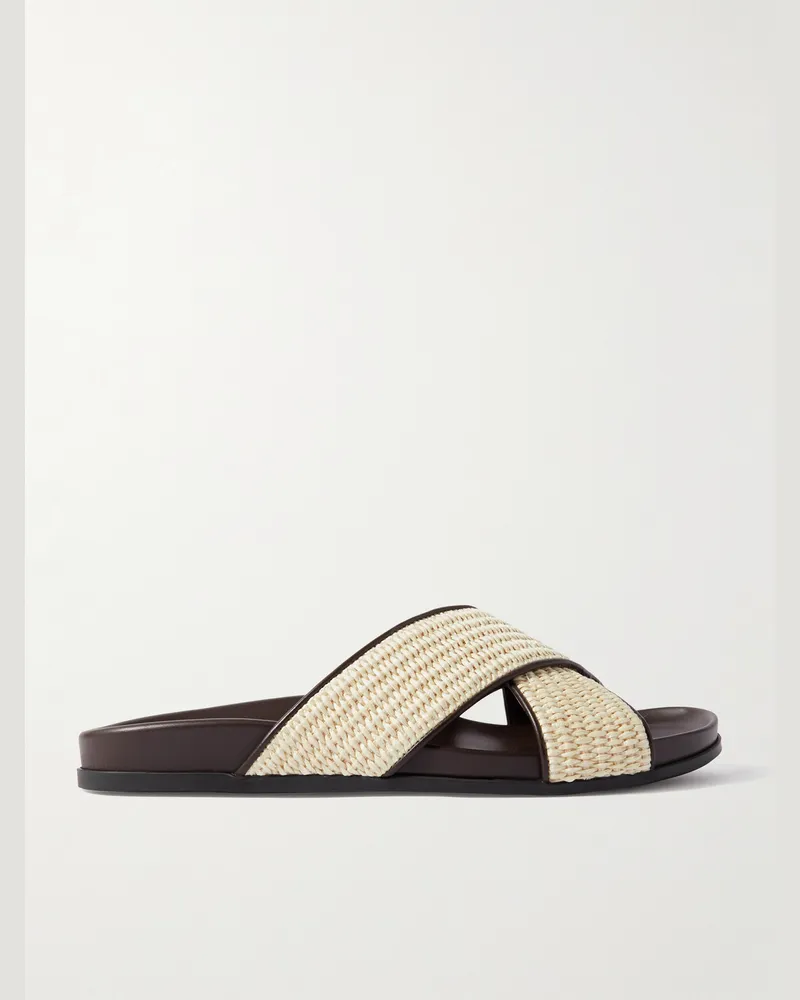 Manolo Blahnik Chiltern Leather-Trimmed Raffia Sandals Neutrals