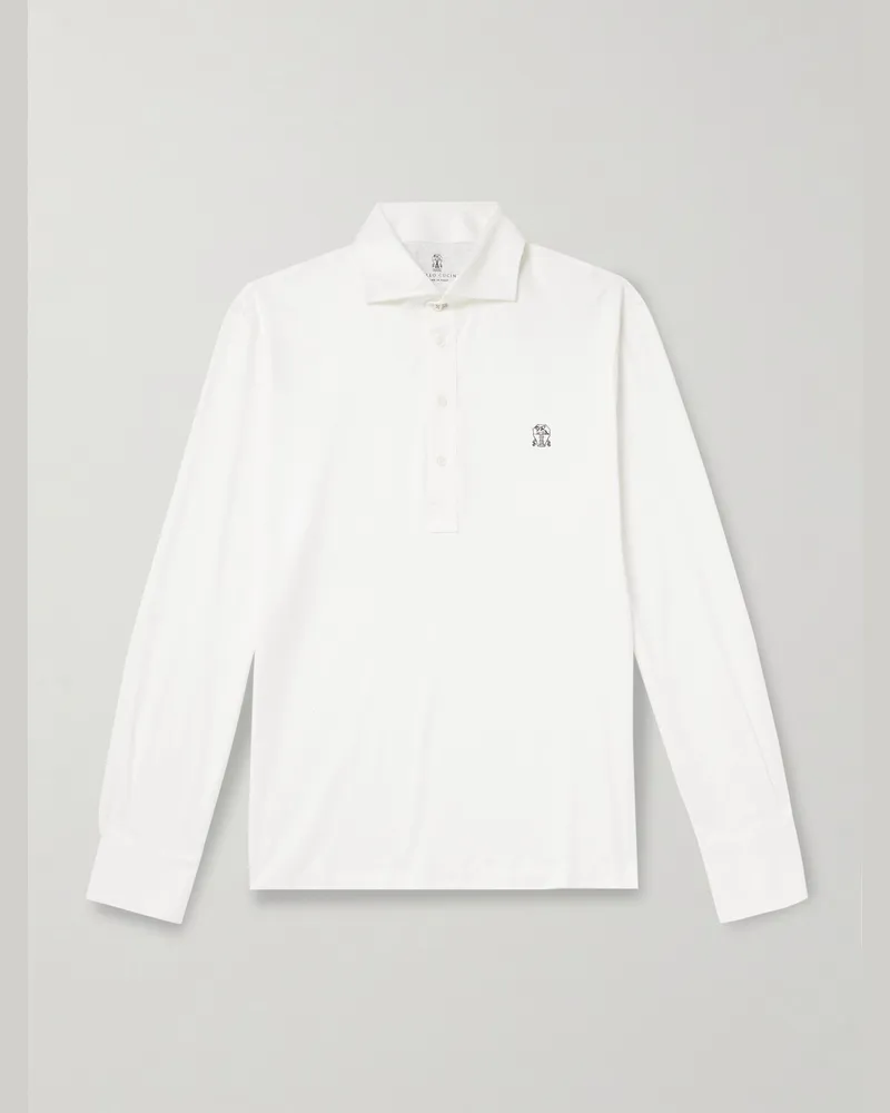 Brunello Cucinelli Oberteil aus Baumwoll-Jersey mit Polokragen und Logostickerei Weiß