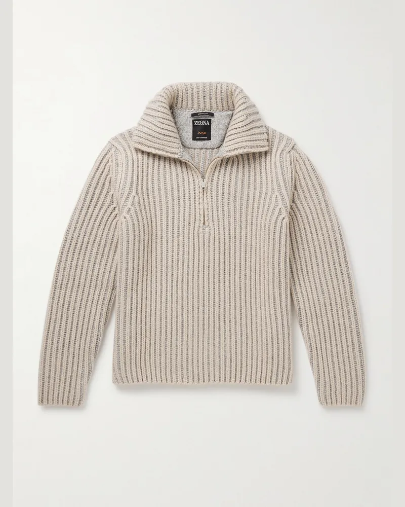 Ermenegildo Zegna Pullover aus „Oasi“-Kaschmir in Rippstrick mit kurzem Reißverschluss Neutral