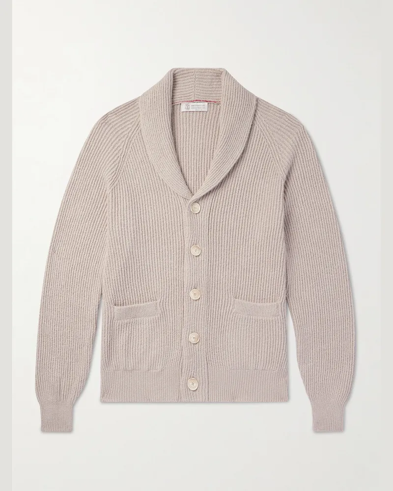 Brunello Cucinelli Cardigan aus Baumwolle in Rippstrick mit Schalkragen Neutral