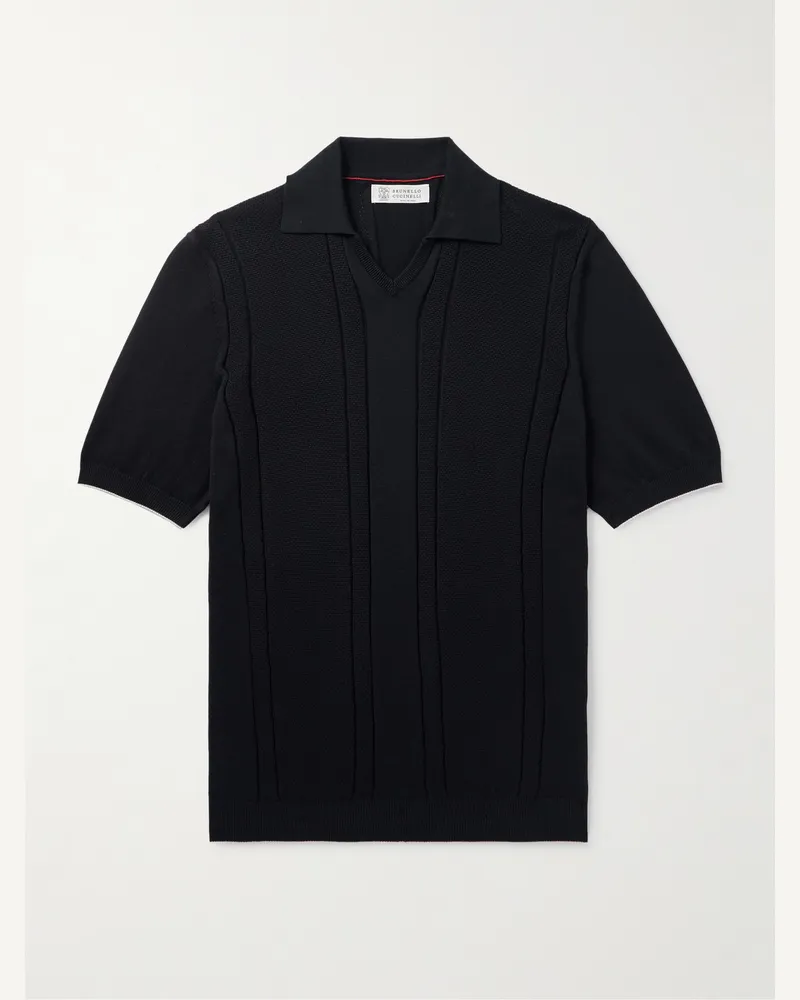 Brunello Cucinelli Polohemd aus Baumwolle in Wabenstrick Schwarz