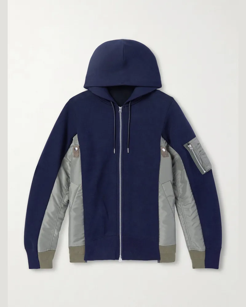 Sacai MA Nylon-Trimmed Cotton-Blend Jersey Zip-Up Hoodie Blue