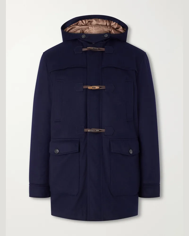 Canali Montgomery Hooded Leather-Trimmed Wool and Cashmere-Blend Padded Parka Blue