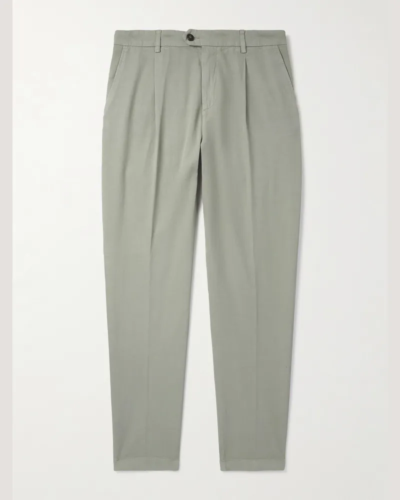 Eleventy Tapered Pleated Stretch Cotton and Lyocell-Blend Twill Trousers Gray