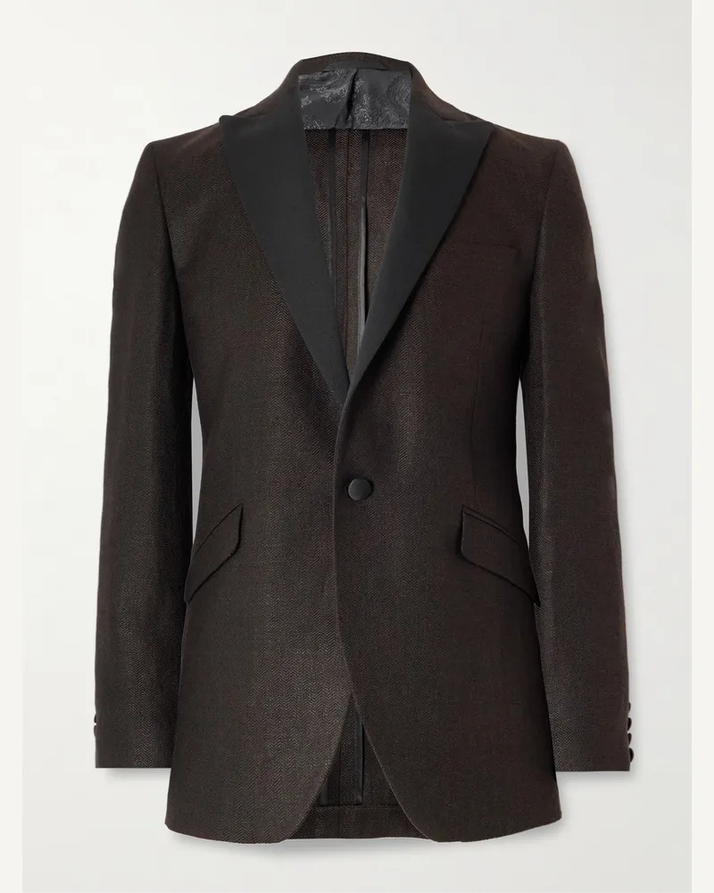 Favourbrook Randwick schmal geschnittene Smokingjacke aus einer Leinen-Seidenmischung mit Fischgratmuster und Faille-Besatz Braun