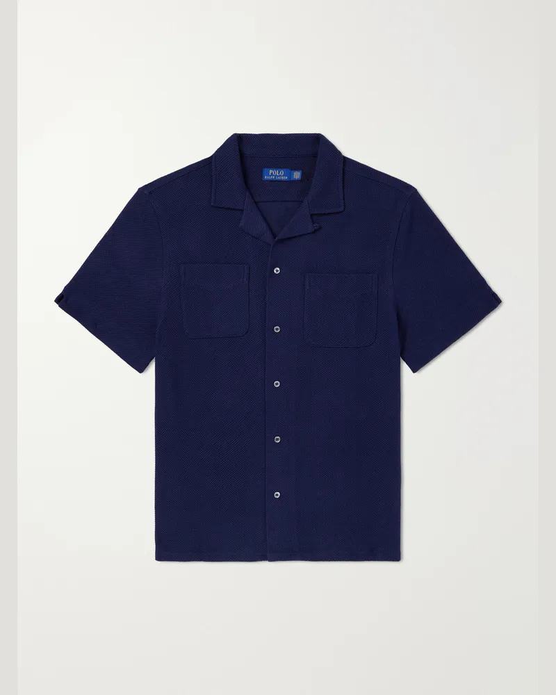 Ralph Lauren Pointelle Cotton-Knitted Polo Shirt Blue