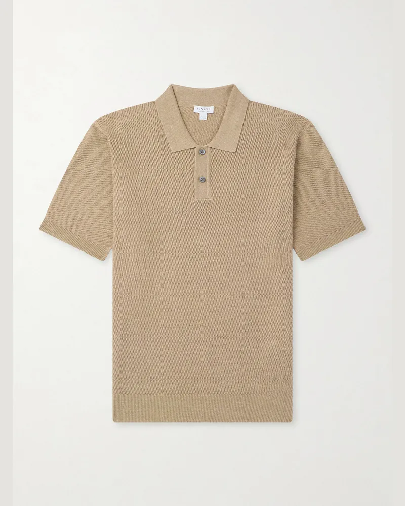 Sunspel Honeycomb-Knit Linen and Silk-Blend Polo Shirt Neutrals