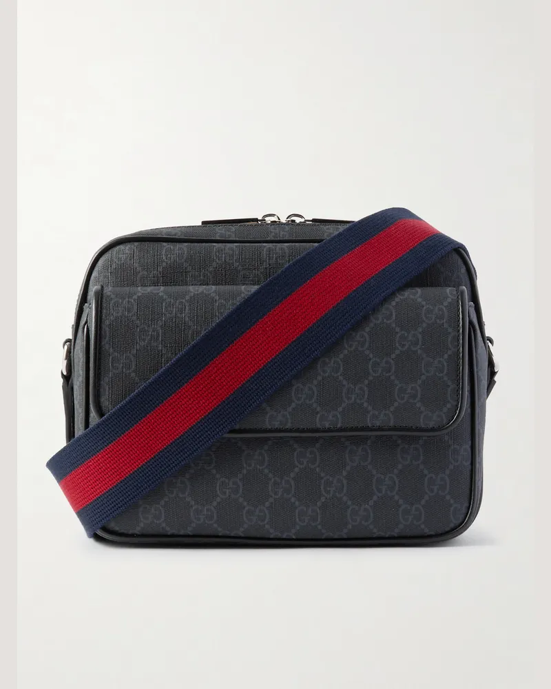 Gucci Kleine Umhängetasche aus beschichtetem Canvas mit Logomuster und Lederbesatz Schwarz