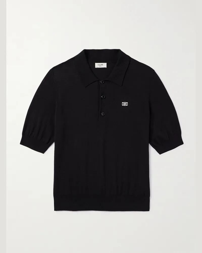 Celine Schmal geschnittenes Polohemd aus Baumwolle mit Logostickerei Schwarz