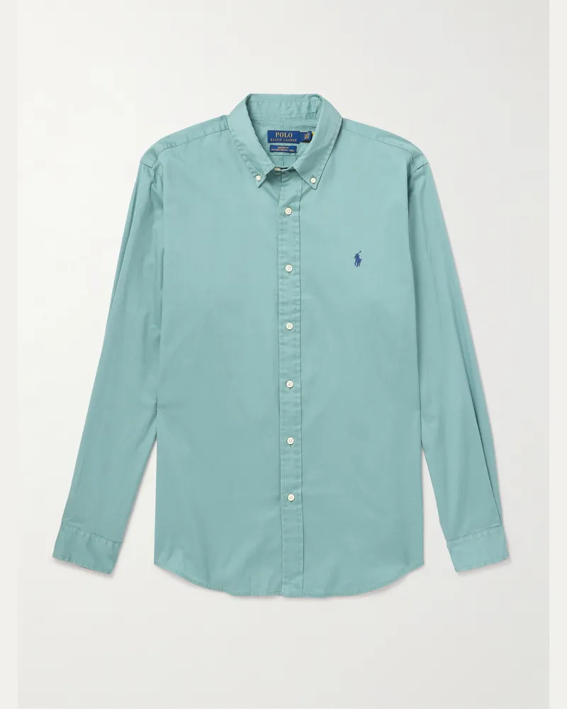 Ralph Lauren Button-Down Collar Logo-Embroidered Cotton Shirt Blue